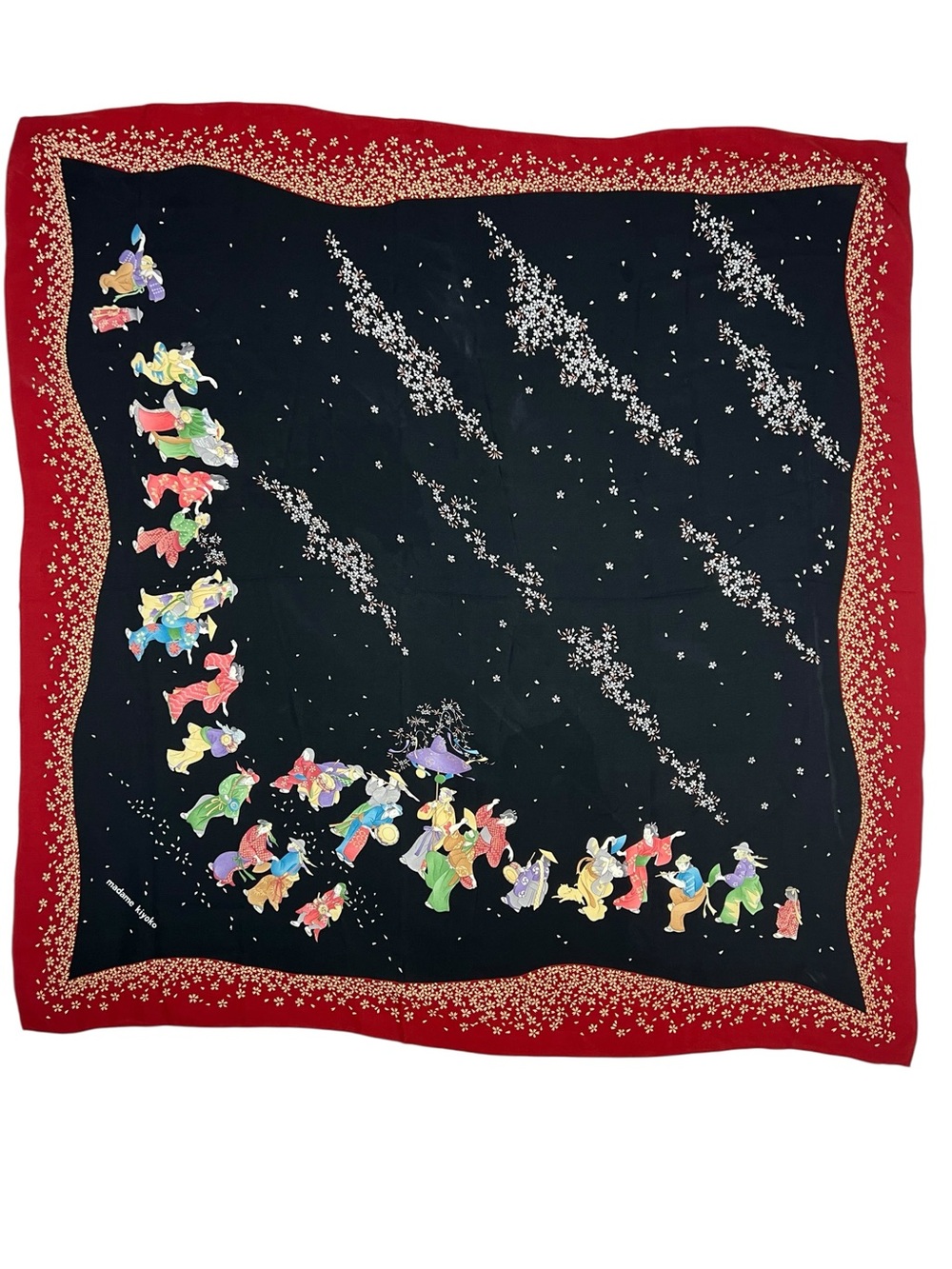 Madame Kiyoko Vintage Japanese 100% Silk Square Scarf Kimono Geisha Sakura Black
